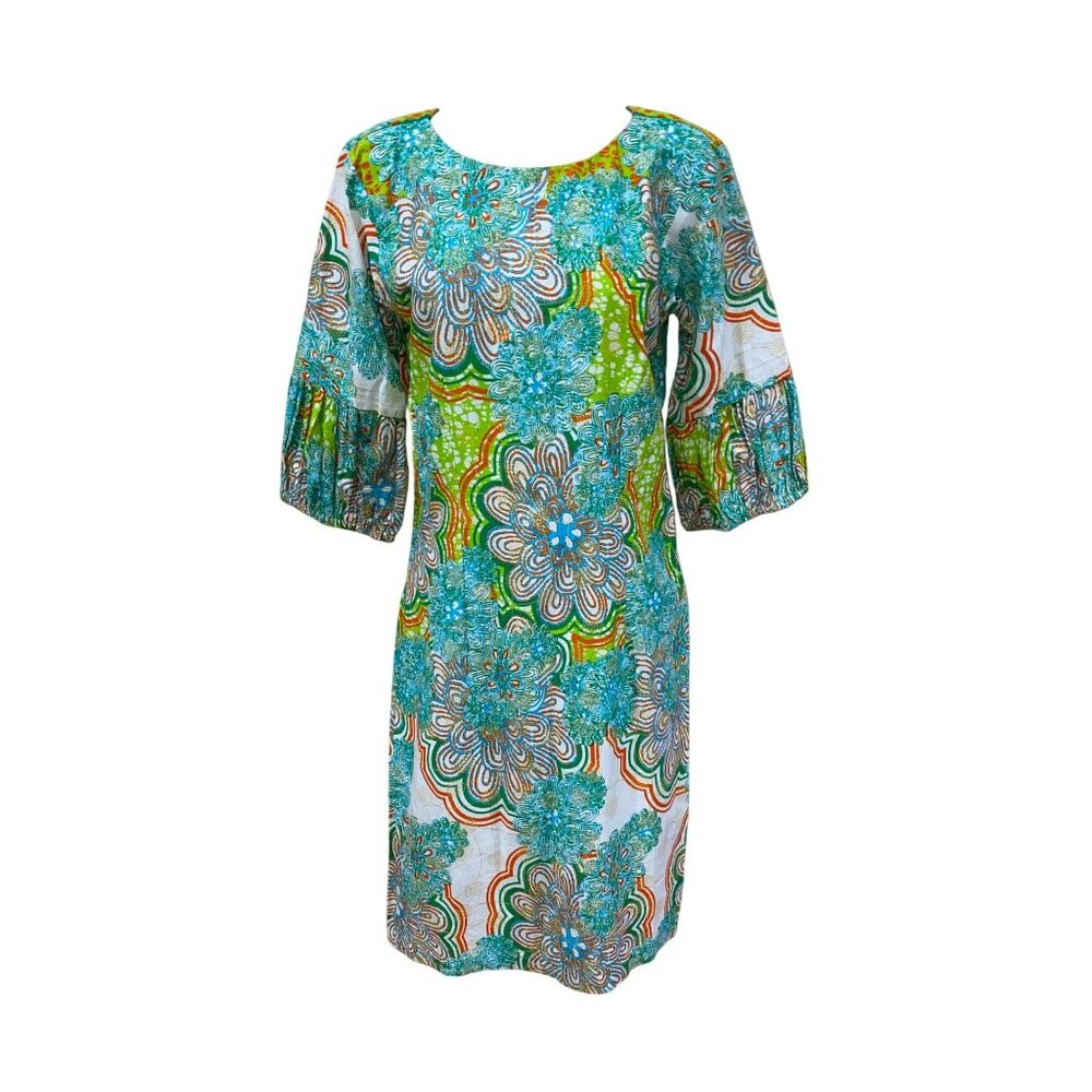 Vintage 70s Handmade Colorful Floral Boho Dress With V-Neck & 3/4 Sleeves